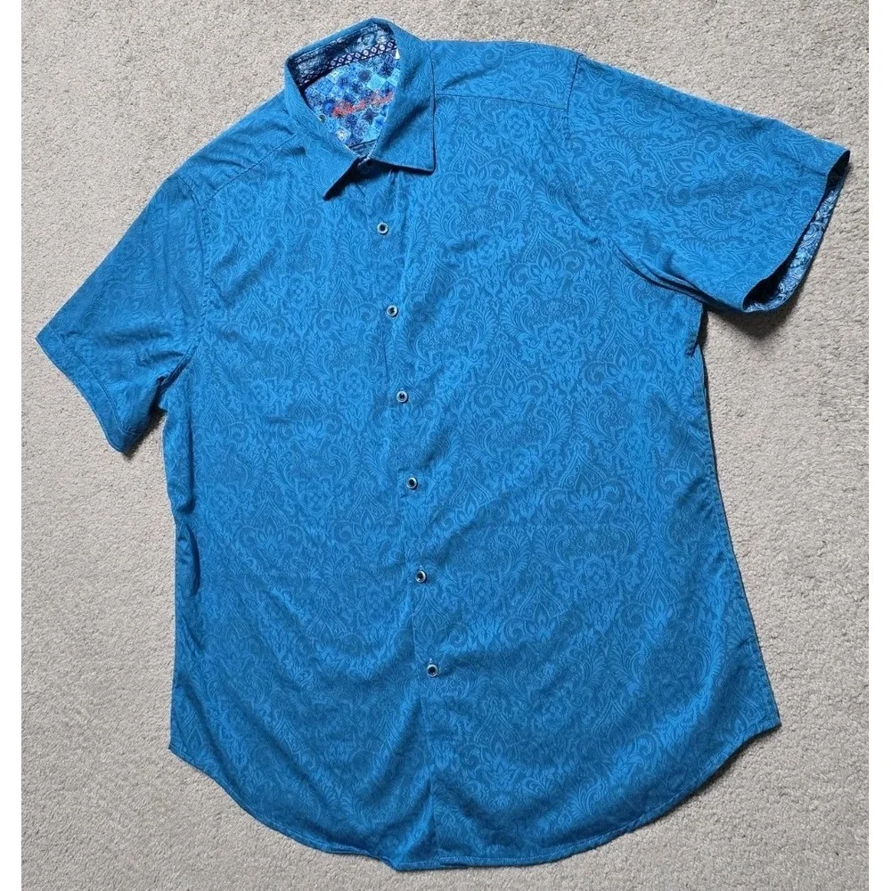 Robert Graham Mens XL Shirt S/S Blue Demask Geometric Paisley Floral Flip‎ Cuff - Picture 9 of 14